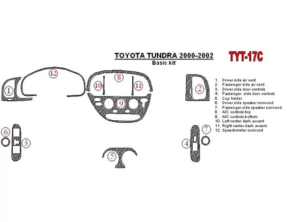 Toyota Tundra 2000-2002 2 & 4 Doors, Basic Set, 12 Parts set Interior BD Dash Trim Kit - 1 - Interior Dash Trim Kit