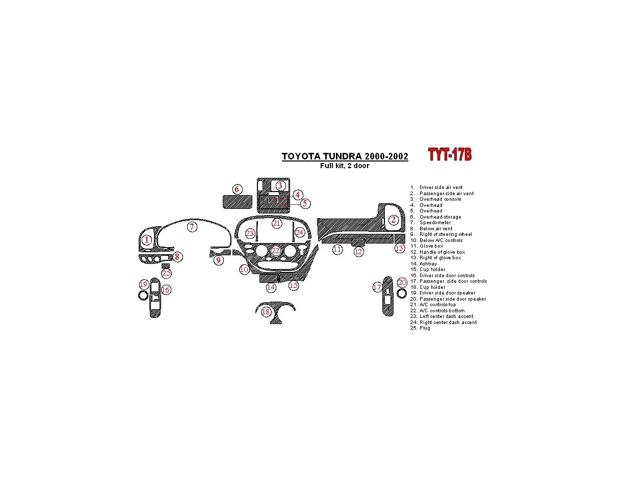 Toyota Tundra 2000-2002 2 Doors, Full Set, 25 Parts set Interior BD Dash Trim Kit - 1 - Interior Dash Trim Kit