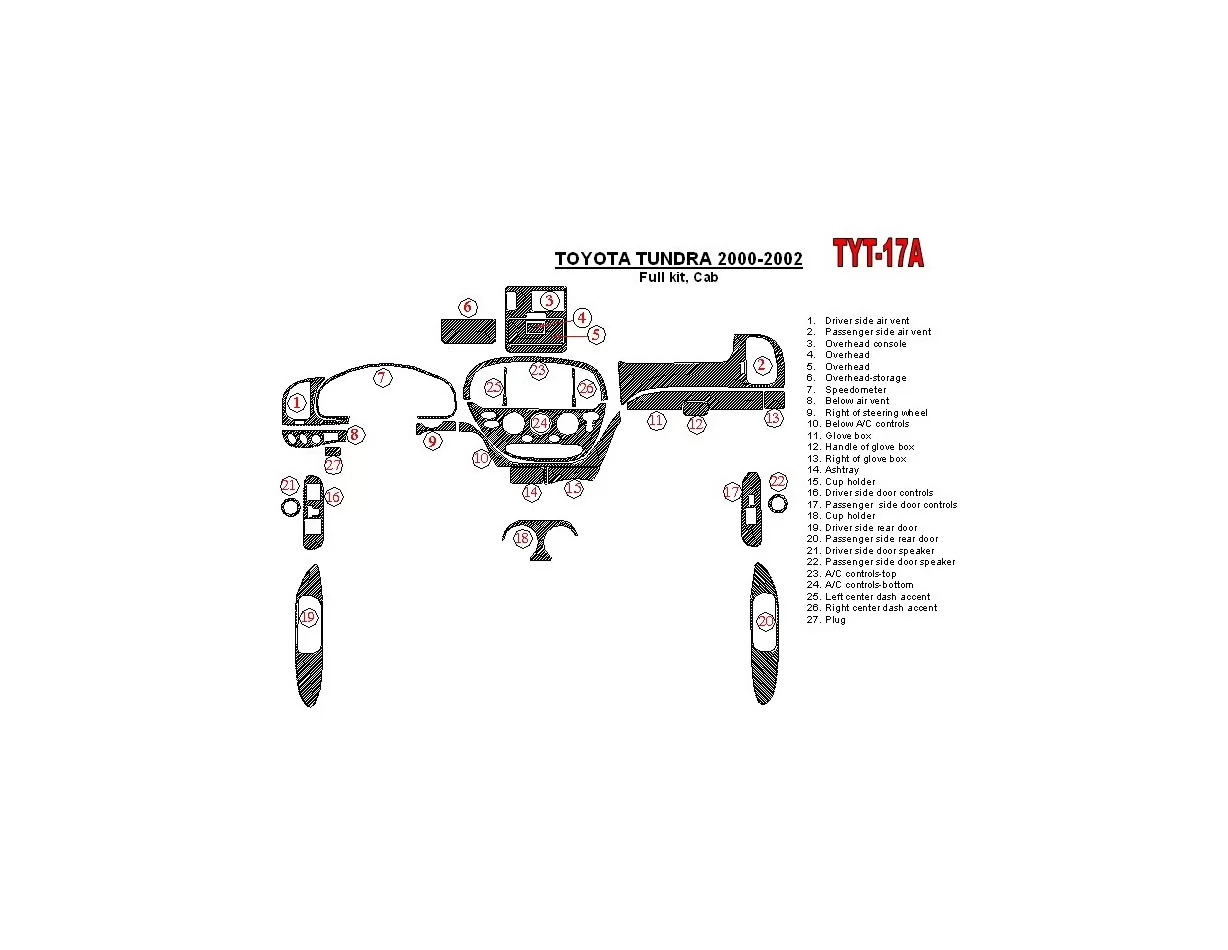 Toyota Tundra 2000-2002 4 Doors, Full Set, 27 Parts set Interior BD Dash Trim Kit - 1 - Interior Dash Trim Kit