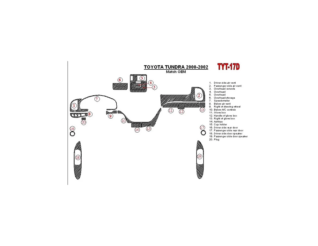 Toyota Tundra 2000-2002 4 Doors, OEM Compliance, 20 Parts set Interior BD Dash Trim Kit - 1 - Interior Dash Trim Kit
