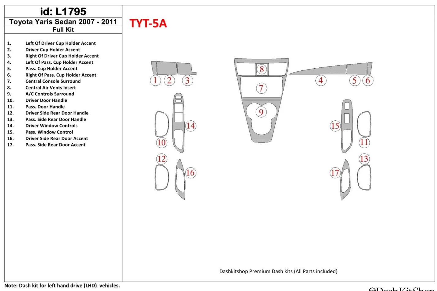 Toyota Yaris 2007-UP Full Set Interior BD Dash Trim Kit - 1 - Interior Dash Trim Kit