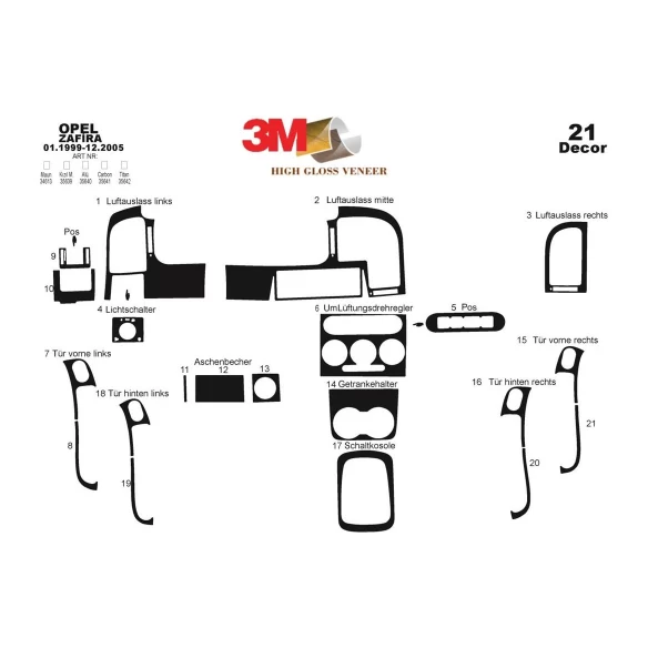 Opel Zafira A 01.99-12.05 3D Interior Dashboard Trim Kit Dash Trim Dekor 21-Parts