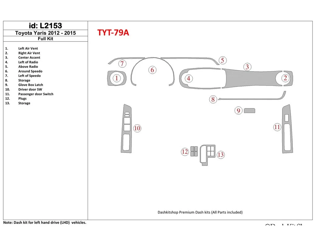 Toyota Yaris 2012-UP Full Set Interior BD Dash Trim Kit - 1 - Interior Dash Trim Kit