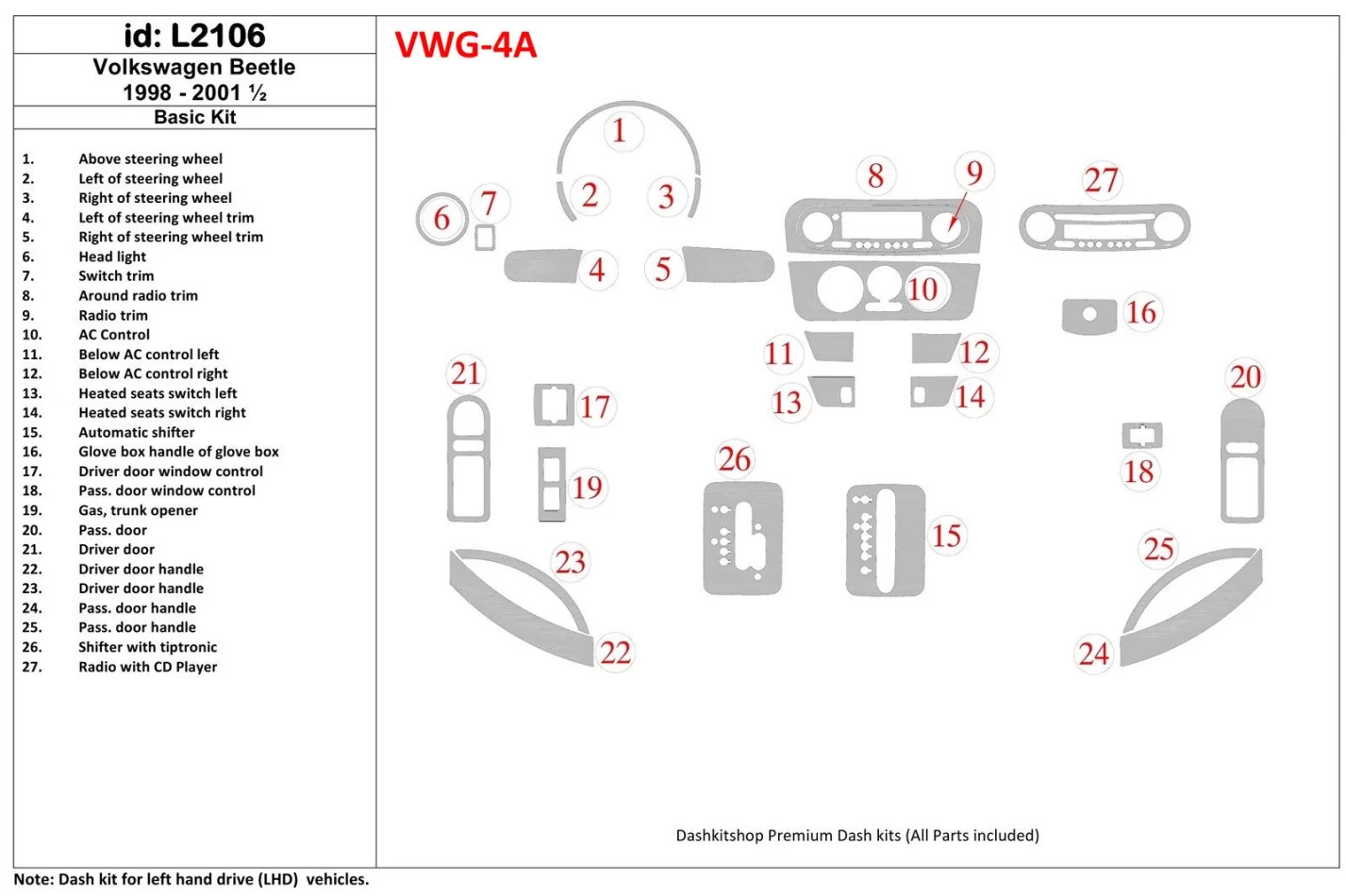 Volkswagen Beetle 1998-2001 Basic Set Interior BD Dash Trim Kit - 1 - Interior Dash Trim Kit
