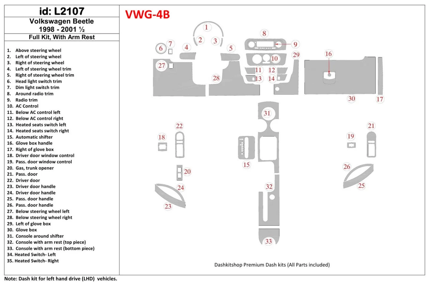 Volkswagen Beetle 1998-2001 Full Set, With Armrest, 33 Parts set Interior BD Dash Trim Kit - 1 - Interior Dash Trim Kit