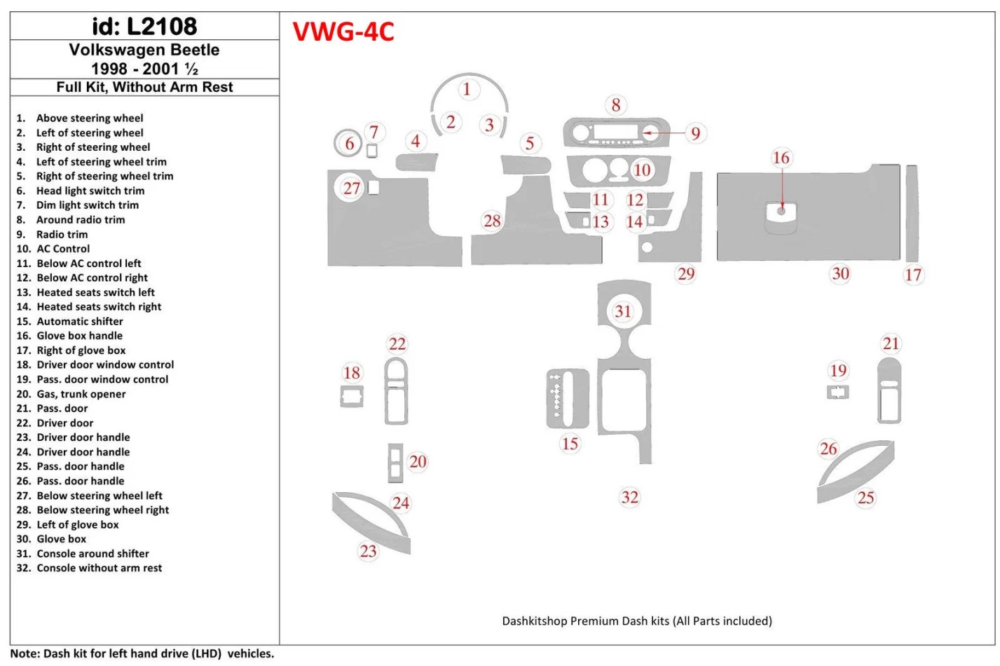 Volkswagen Beetle 1998-2001 Full Set, Without Armrest, 32 Parts set, Interior BD Dash Trim Kit - 1 - Interior Dash Trim Kit