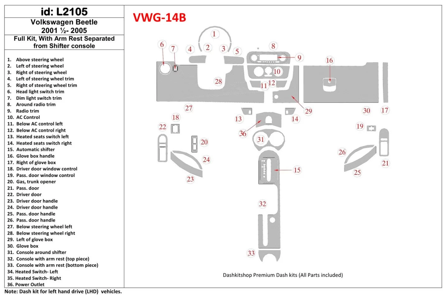 Volkswagen Beetle 2001-2005 Full Set fits Cabrio and Coupe With Armrest Interior BD Dash Trim Kit - 1 - Interior Dash Trim Kit
