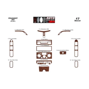 Peugeot 207 01.2007 3D Interior Dashboard Trim Kit Dash Trim Dekor 17-Parts