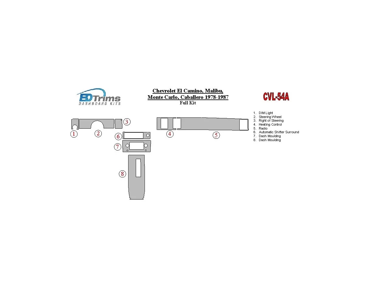 Chevrolet El Camino, Malibu, Monte Carlo, Caballero 1978-1987 Full Set Interior BD Dash Trim Kit - 1 - Interior Dash Trim Kit