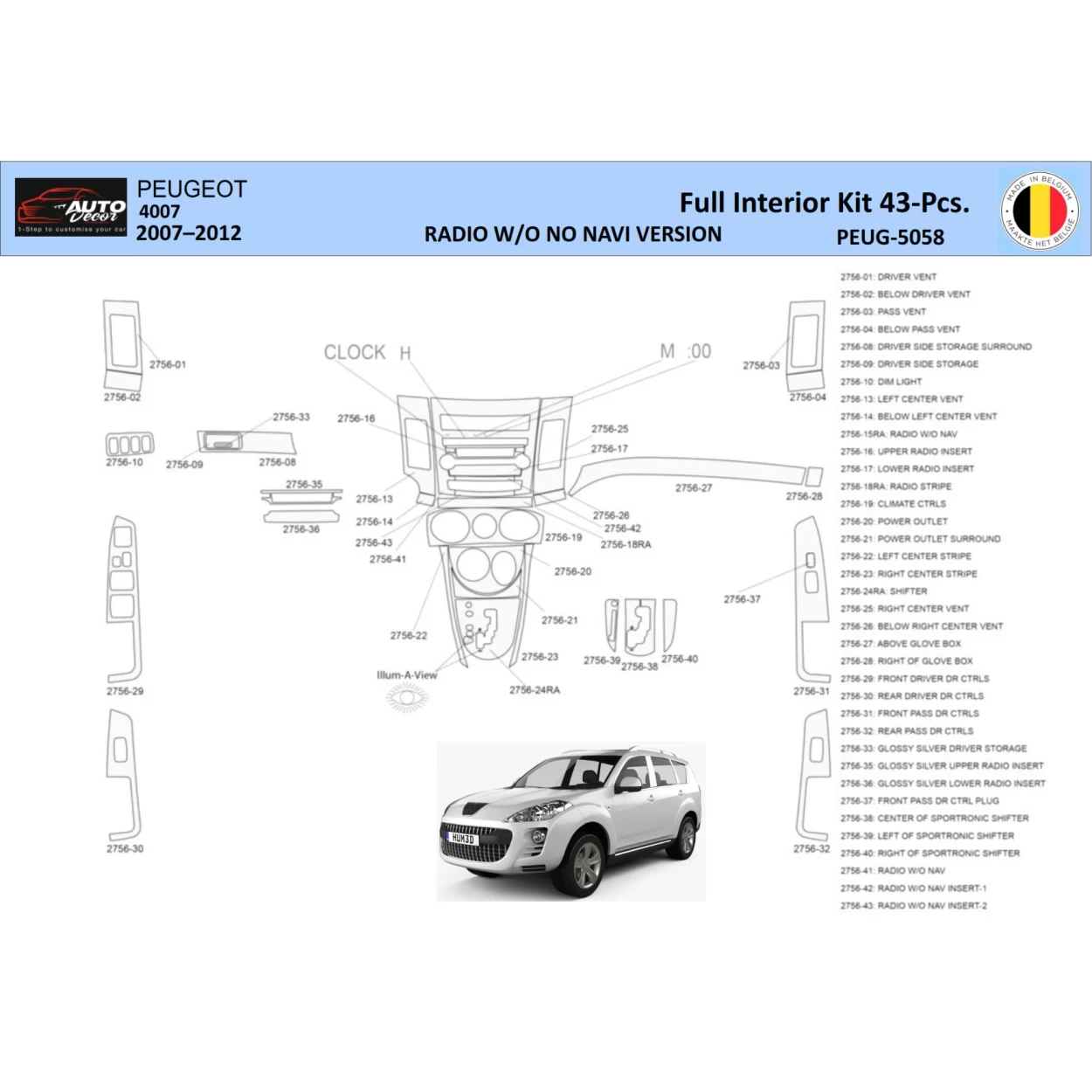 Peugeot 4007 2007–2012 3D Interior Dashboard Trim Kit WHZ Dash Trim Dekor 43-Parts