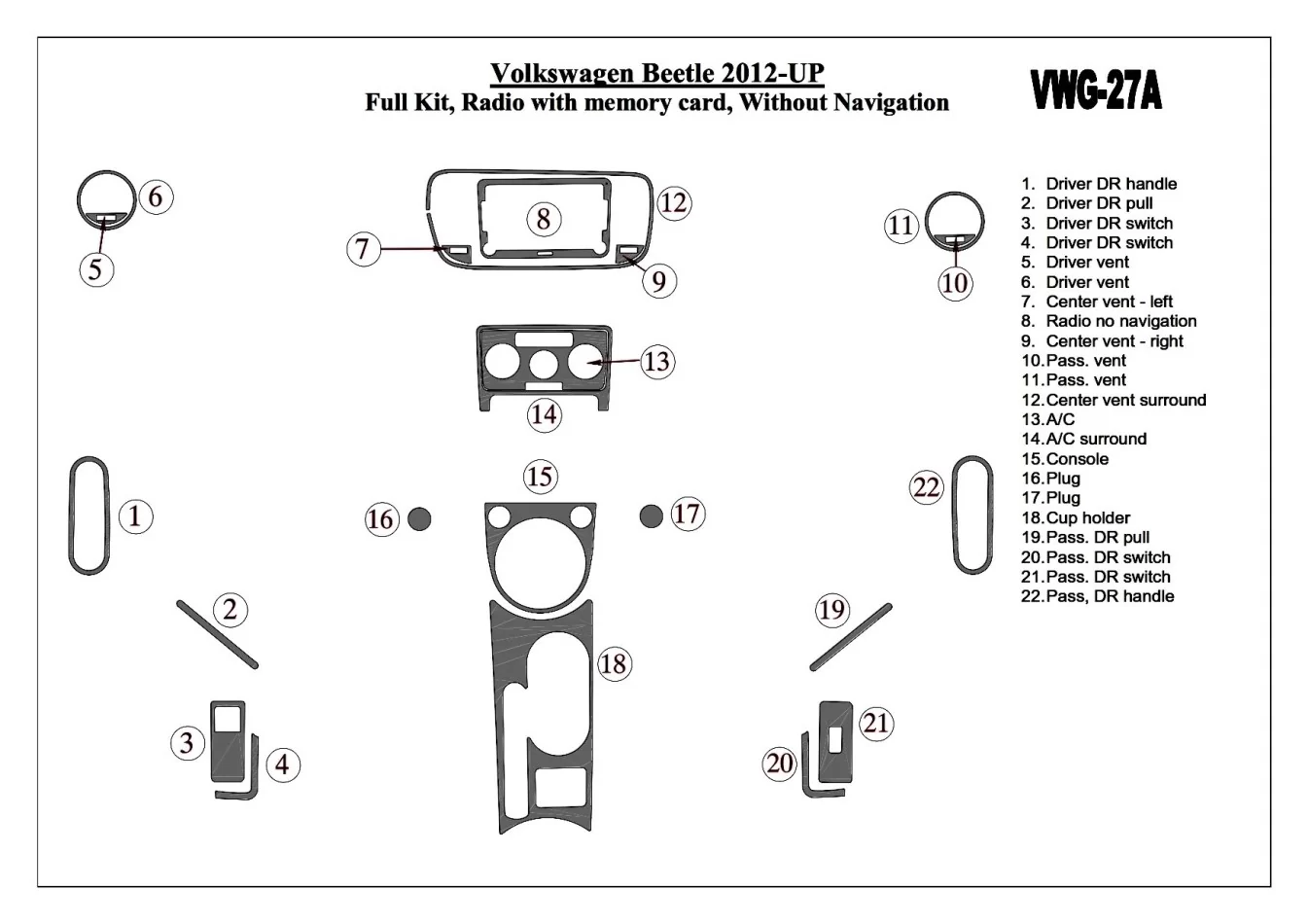 Volkswagen Beetle 2012-UP Full Set, Audio SD Card, Without NAVI Interior BD Dash Trim Kit - 1 - Interior Dash Trim Kit