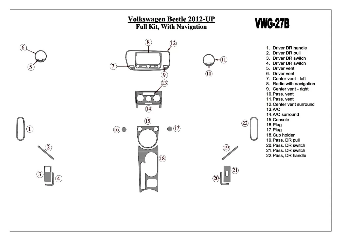 Volkswagen Beetle 2012-UP Full Set, With NAVI Interior BD Dash Trim Kit - 1 - Interior Dash Trim Kit