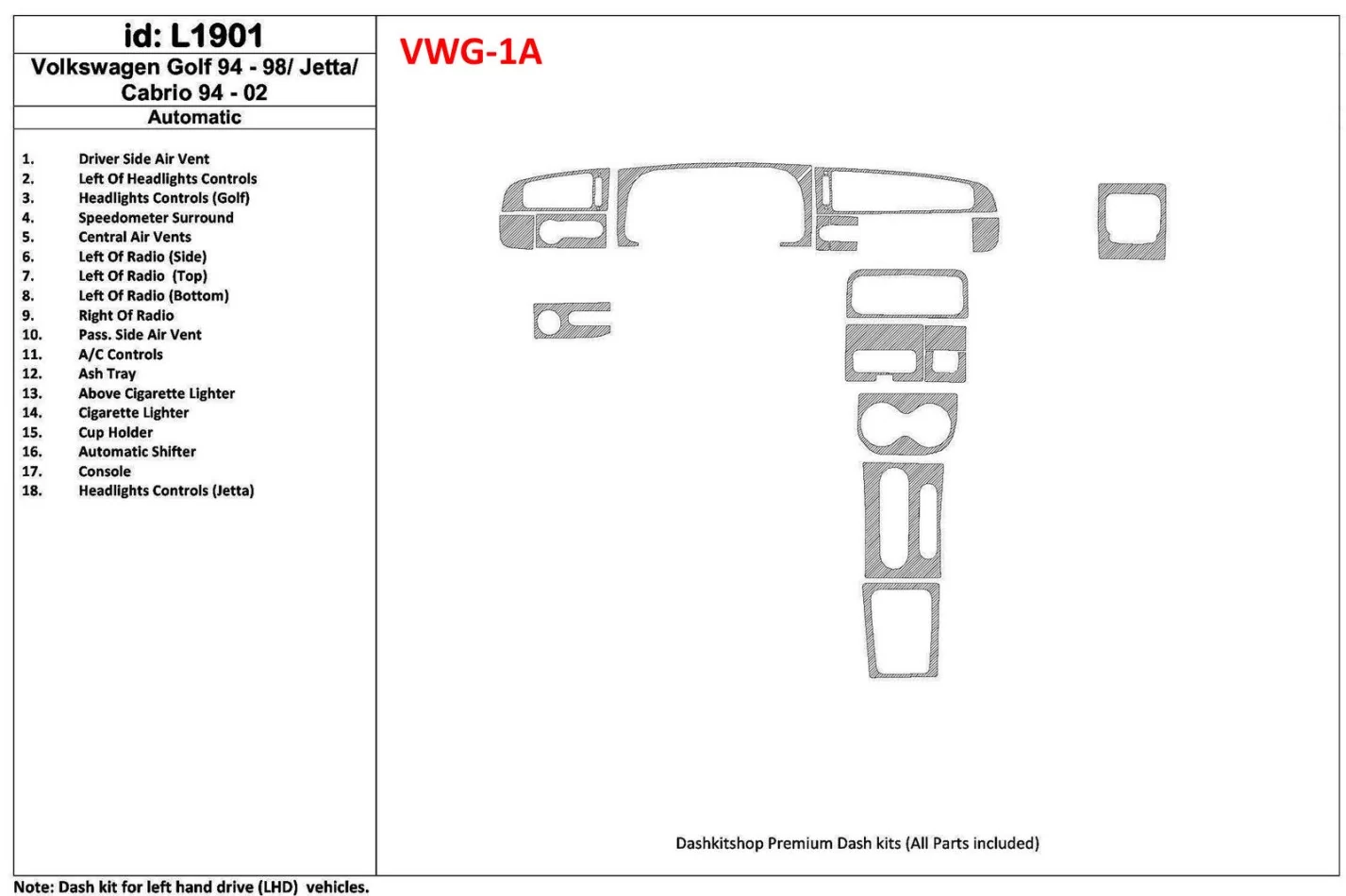 Volkswagen Cabrio 1994-2002 Automatic Gearbox, 18 Parts set Interior BD Dash Trim Kit - 1 - Interior Dash Trim Kit