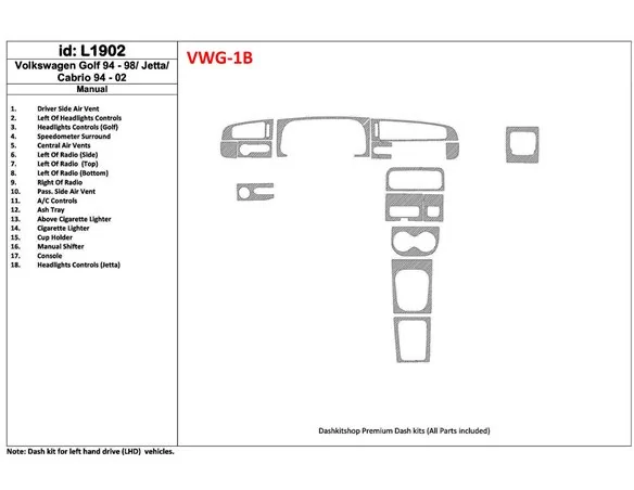 Volkswagen Cabrio 1994-2002 Manual Gearbox, 18 Parts set Interior BD Dash Trim Kit - 1 - Interior Dash Trim Kit