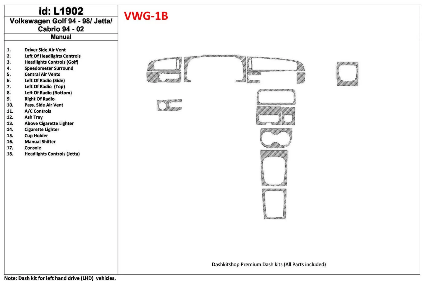 Volkswagen Cabrio 1994-2002 Manual Gearbox, 18 Parts set Interior BD Dash Trim Kit - 1 - Interior Dash Trim Kit