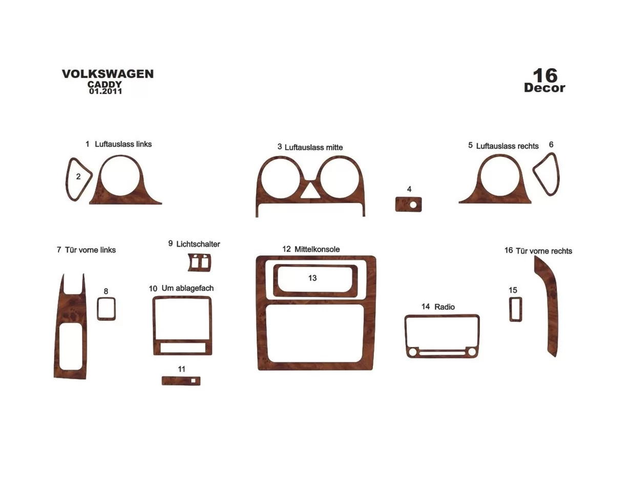 Volkswagen Caddy 09.2010 3D Interior Dashboard Trim Kit Dash Trim Dekor 16-Parts - 1 - Interior Dash Trim Kit