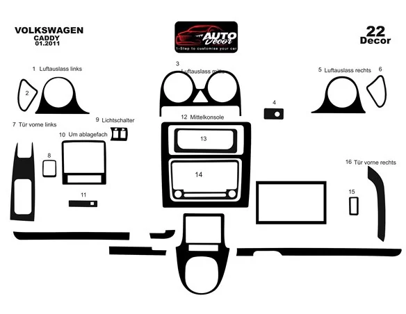 Volkswagen Caddy Full Set 01.2011 3D Interior Dashboard Trim Kit Dash Trim Dekor 22-Parts - 1 - Interior Dash Trim Kit