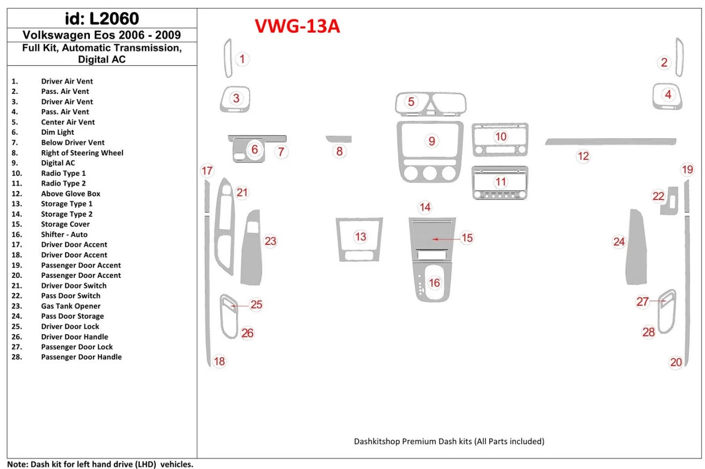 Volkswagen EOS 2006-UP Full Set, Automatic Gear Interior BD Dash Trim Kit - 1 - Interior Dash Trim Kit