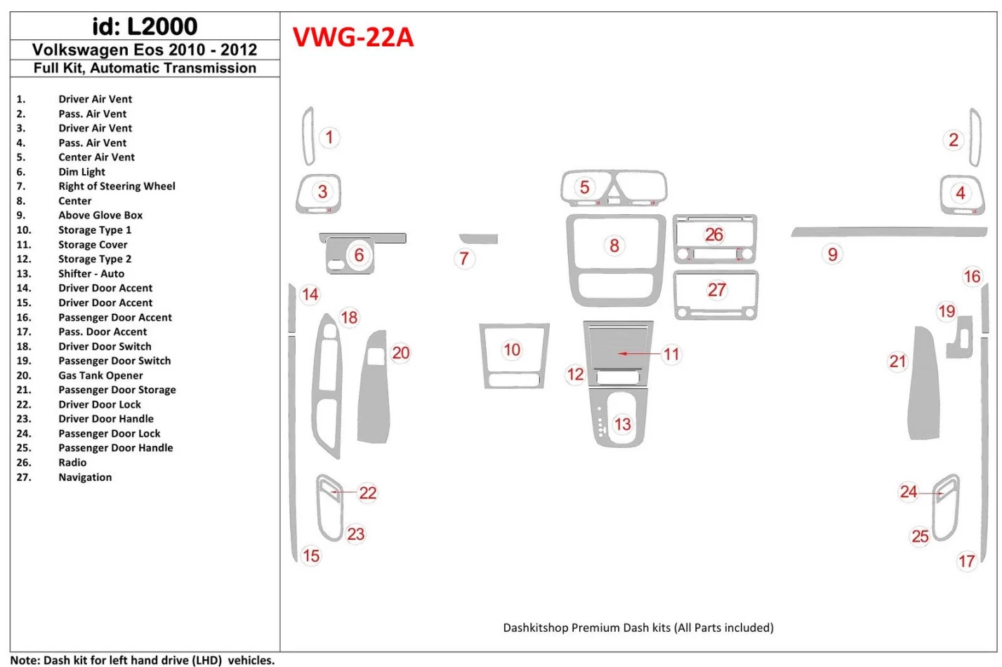 Volkswagen EOS 2010-UP Interior BD Dash Trim Kit - 1 - Interior Dash Trim Kit