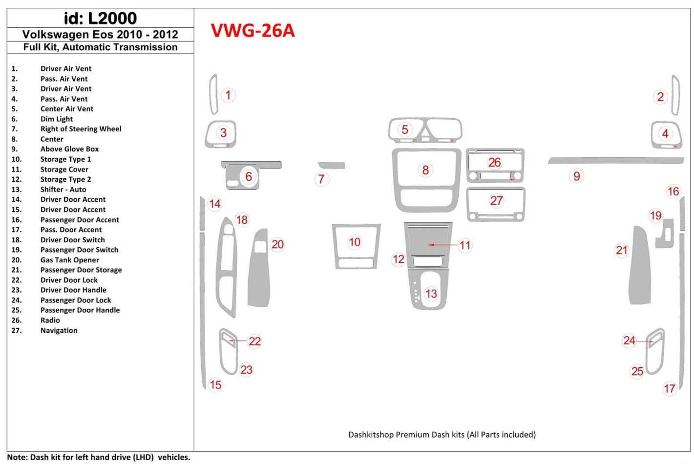 Volkswagen EOS 2013-UP Full Set, Automatic Gearbox Interior BD Dash Trim Kit - 1 - Interior Dash Trim Kit
