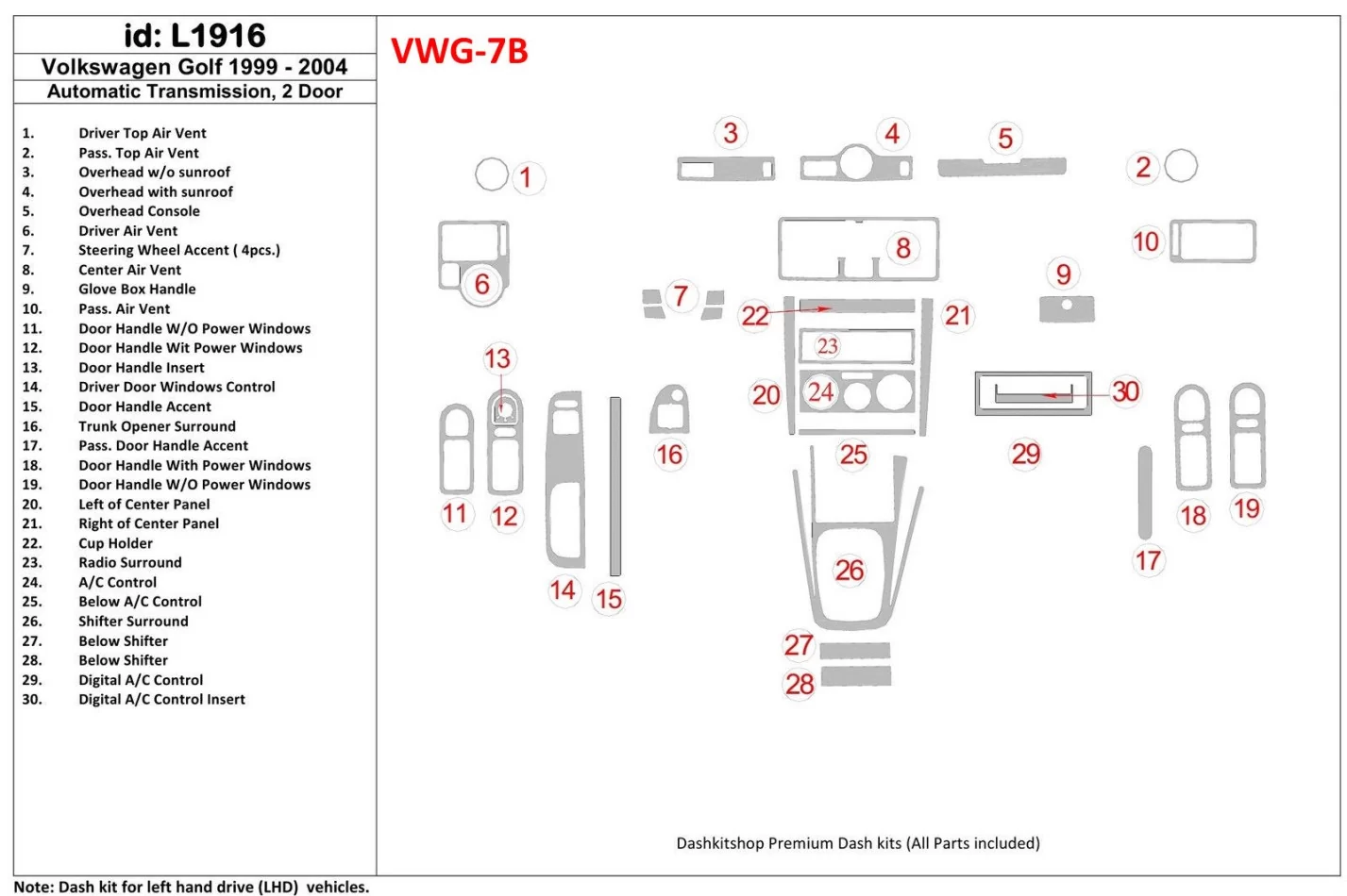 Volkswagen Golf 1999-2004 2 Doors, Automatic Gear Interior BD Dash Trim Kit - 1 - Interior Dash Trim Kit