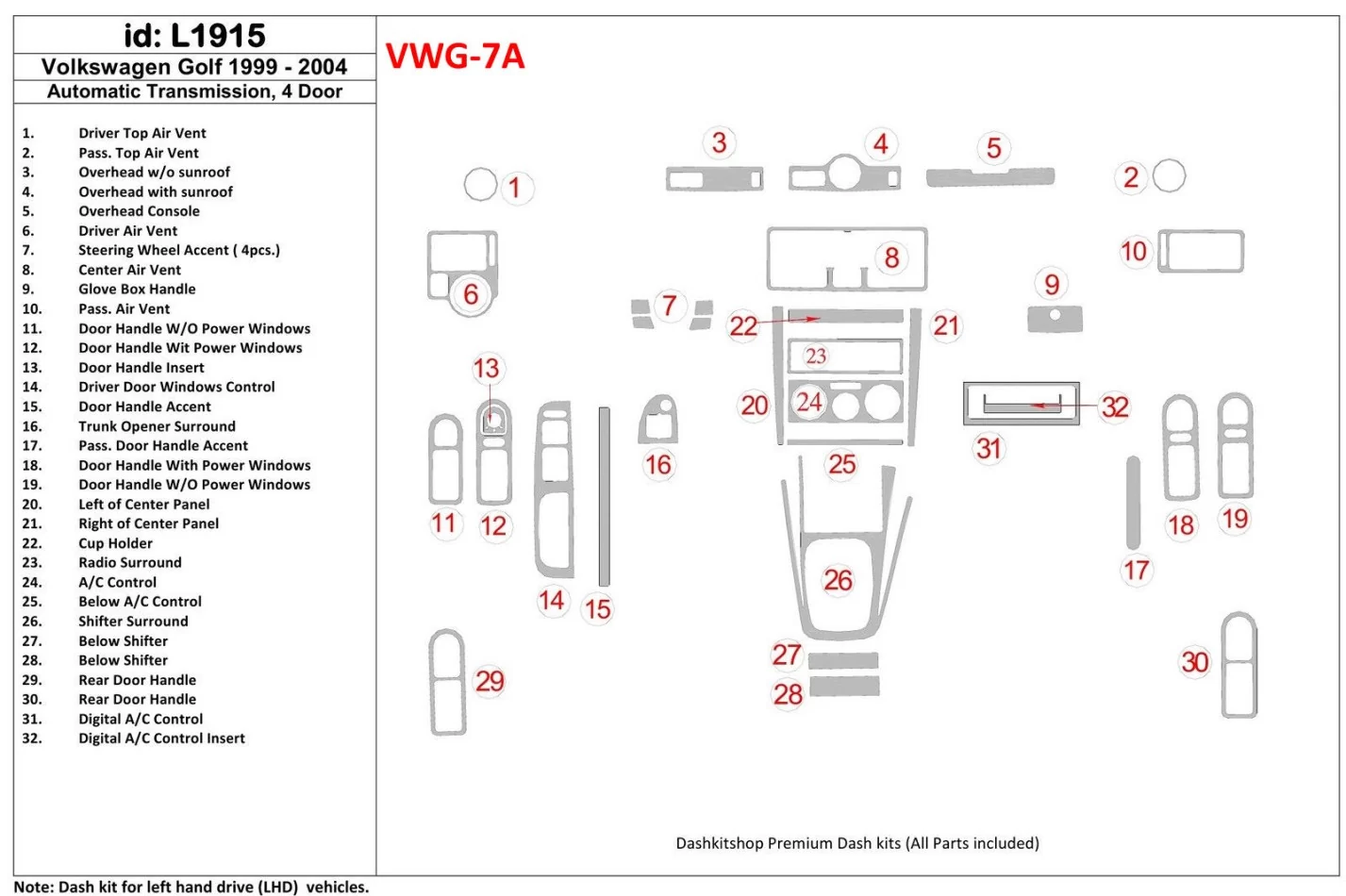 Volkswagen Golf 1999-2004 4 Doors, Automatic Gear Interior BD Dash Trim Kit - 1 - Interior Dash Trim Kit