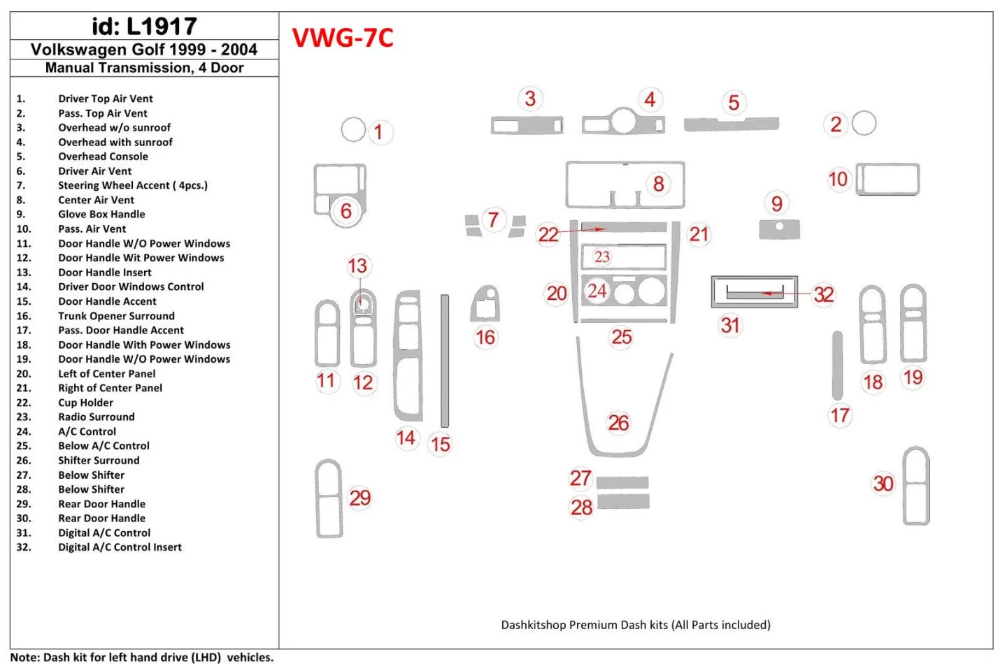 Volkswagen Golf 1999-2004 4 Doors, Manual Gear Box Interior BD Dash Trim Kit - 1 - Interior Dash Trim Kit