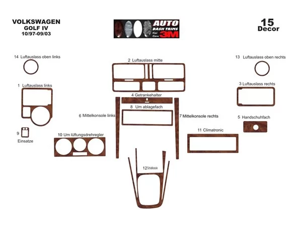 Volkswagen Golf IV 10.97-09.03 3D Interior Dashboard Trim Kit Dash Trim Dekor 15-Parts