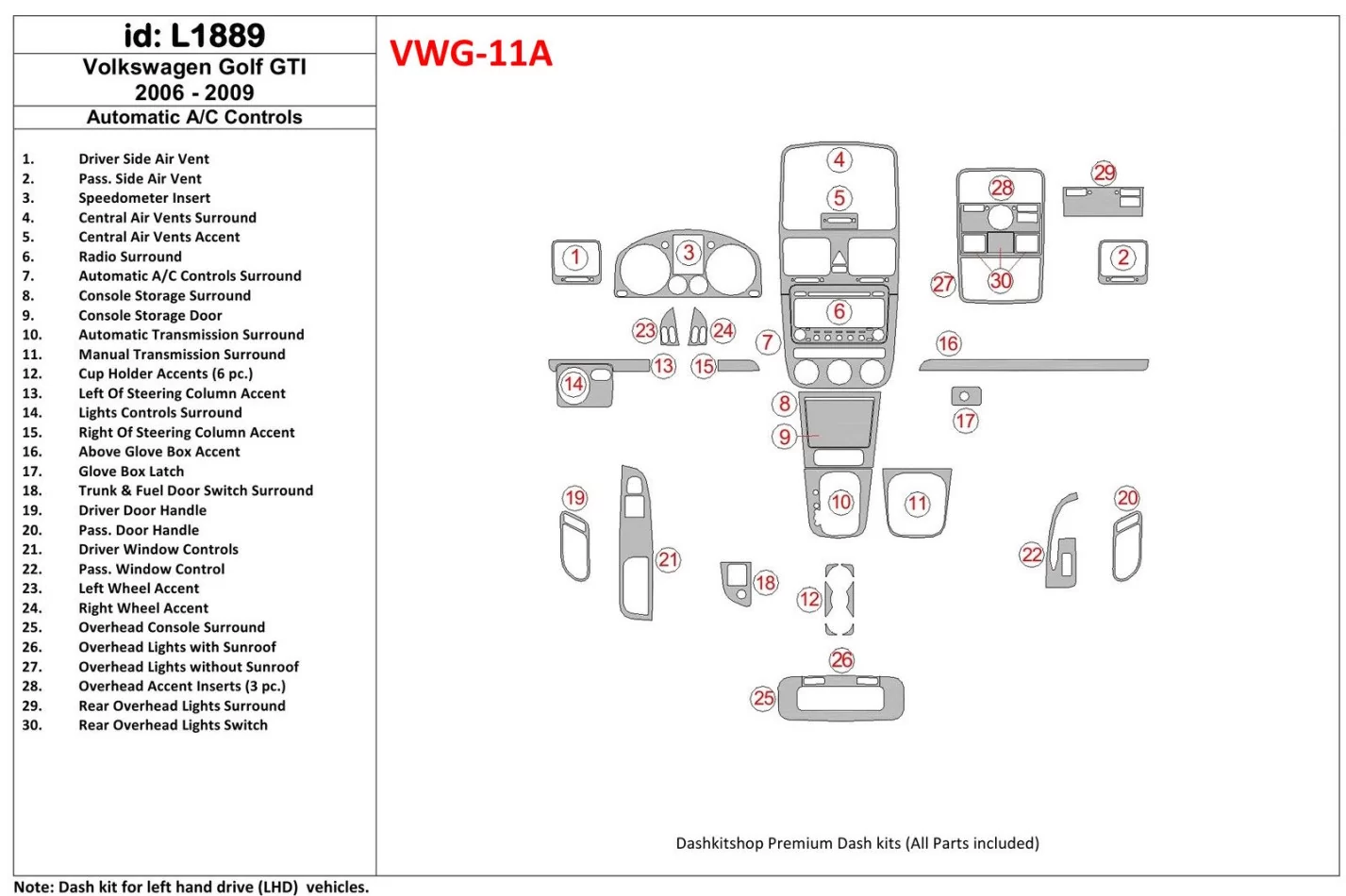 Volkswagen Golf V 2006-UP Automatic Gearbox A/C Control Interior BD Dash Trim Kit - 1 - Interior Dash Trim Kit