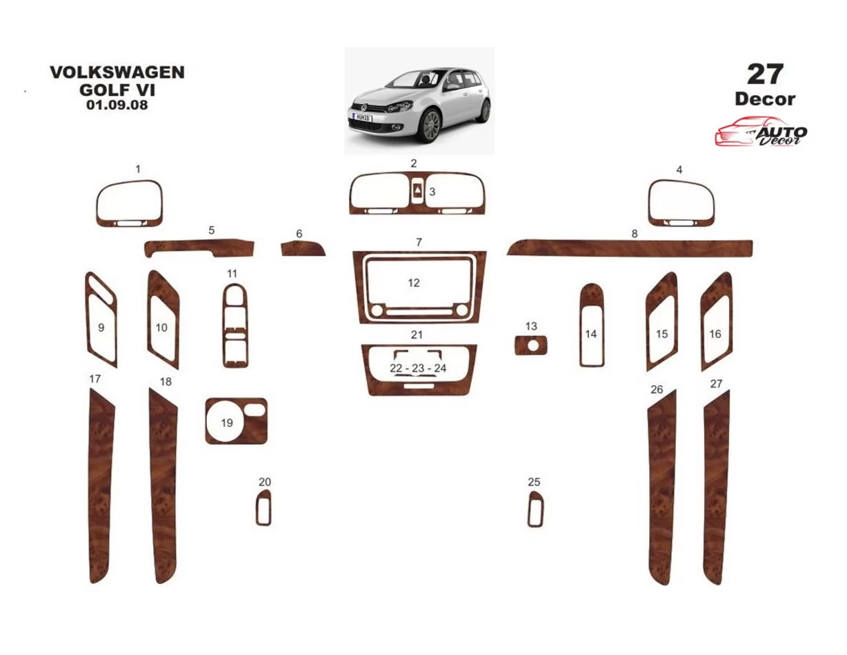 Volkswagen Golf VI 09.2008 3D Interior Dashboard Trim Kit Dash Trim Dekor 27-Parts - 1 - Interior Dash Trim Kit