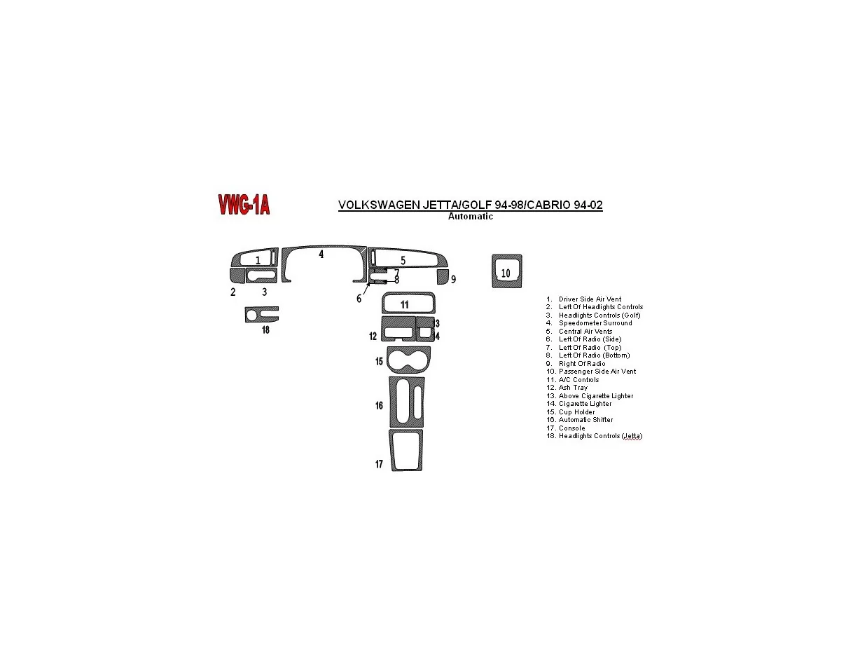 Volkswagen Jetta 1994-1998 Automatic Gearbox, 18 Parts set Interior BD Dash Trim Kit - 1 - Interior Dash Trim Kit