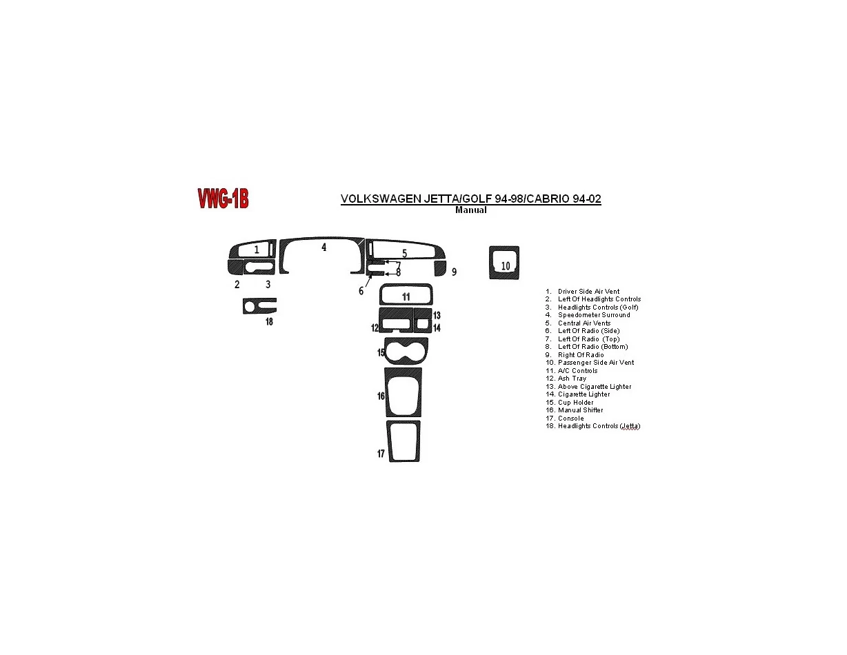 Volkswagen Jetta 1994-1998 Manual Gearbox, 18 Parts set Interior BD Dash Trim Kit - 1 - Interior Dash Trim Kit