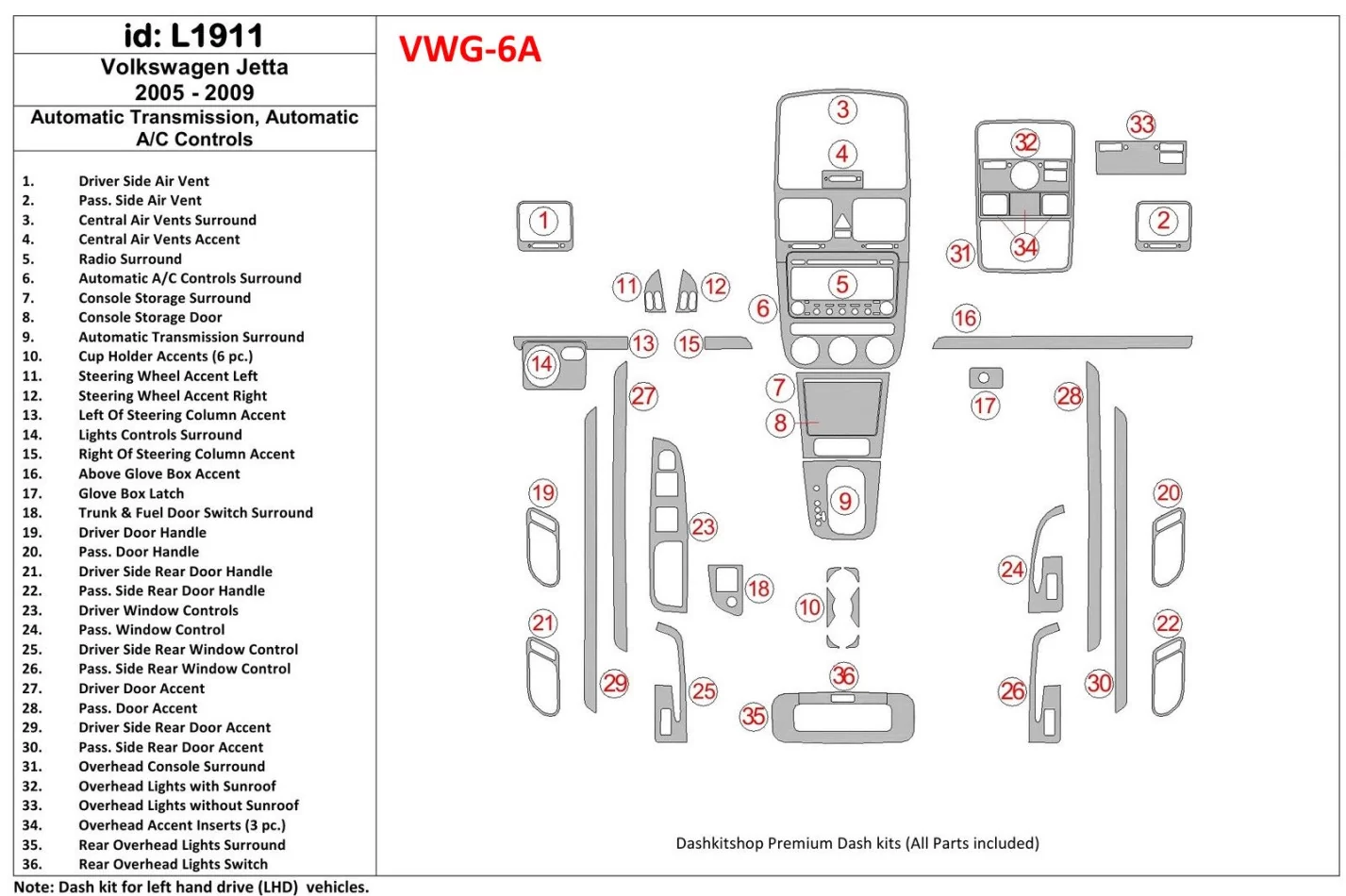 Volkswagen Jetta 2005-2009 Automatic Gear, Auto AC Control Interior BD Dash Trim Kit - 1 - Interior Dash Trim Kit