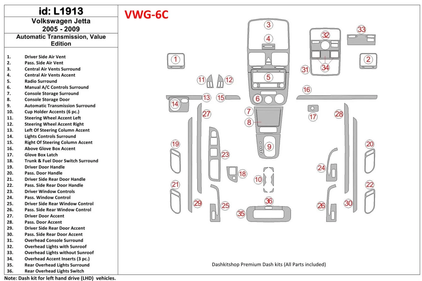 Volkswagen Jetta 2005-2009 Automatic Gear, Value Edition Interior BD Dash Trim Kit - 1 - Interior Dash Trim Kit