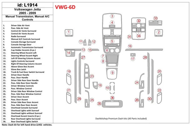 Volkswagen Jetta 2005-2009 Manual Trans, Aircondition Interior BD Dash Trim Kit - 1 - Interior Dash Trim Kit