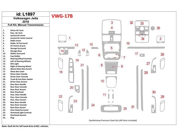 Volkswagen Jetta 2010-2010 Full Set, Manual Gear Box Interior BD Dash Trim Kit - 1 - Interior Dash Trim Kit