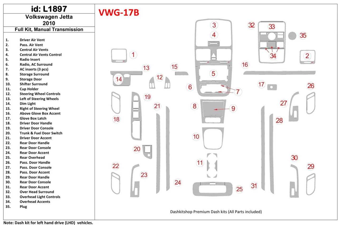 Volkswagen Jetta 2010-2010 Full Set, Manual Gear Box Interior BD Dash Trim Kit - 1 - Interior Dash Trim Kit