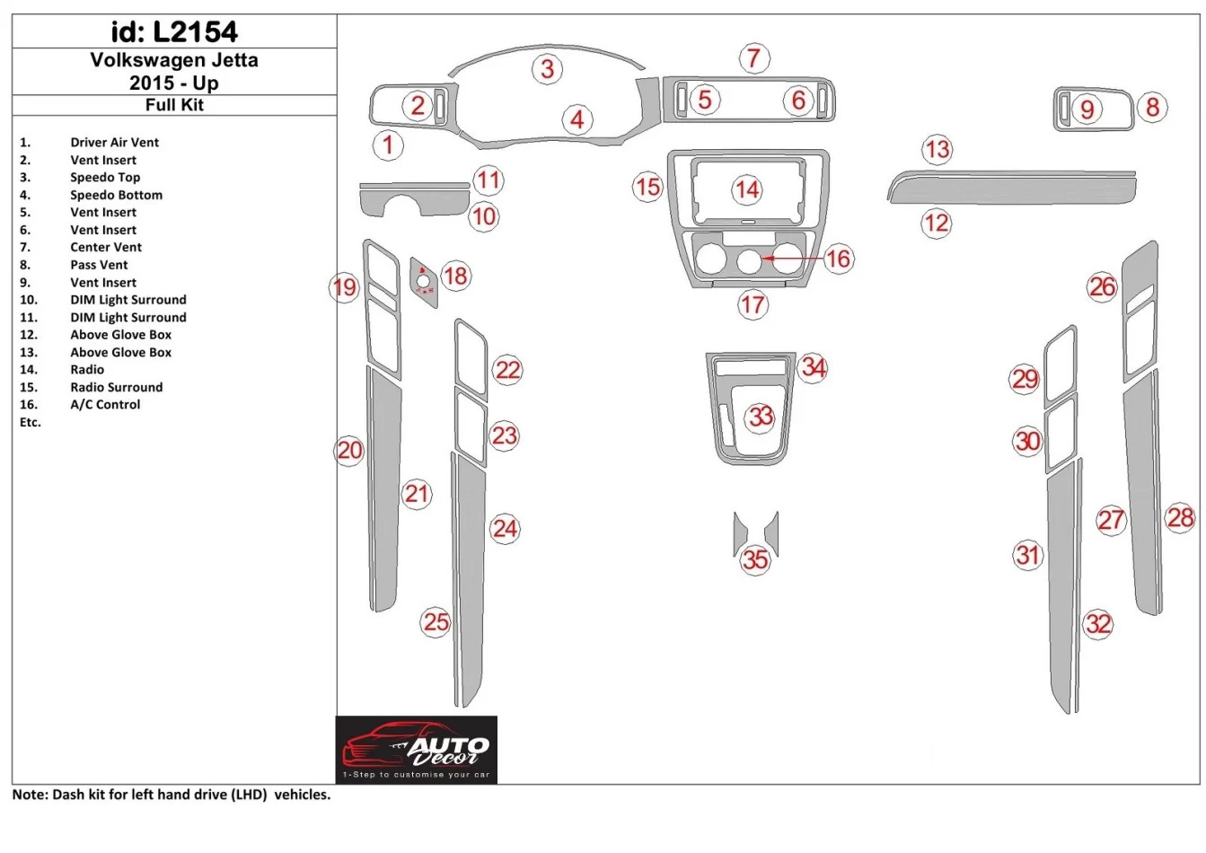 Volkswagen Jetta 2015-UP Full Set Interior BD Dash Trim Kit - 1 - Interior Dash Trim Kit