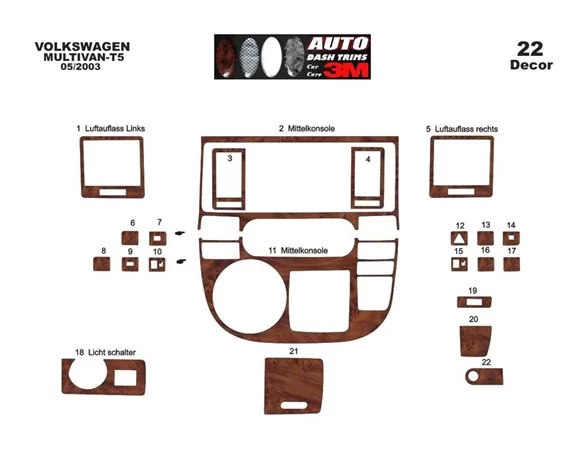 Volkswagen Multivan T5 08.03-08.09 3D Interior Dashboard Trim Kit Dash Trim Dekor 22-Parts