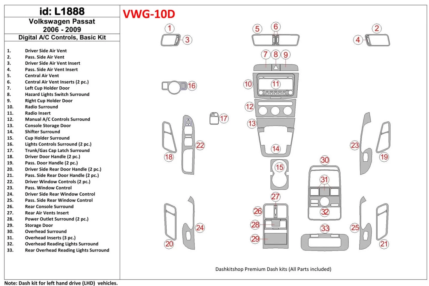 Volkswagen Passat 2006-2009 Automatic AC, Basic Set Interior BD Dash Trim Kit - 1 - Interior Dash Trim Kit