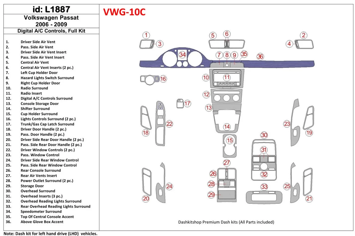 Volkswagen Passat 2006-2009 Full Set, Automatic AC Control Interior BD Dash Trim Kit - 1 - Interior Dash Trim Kit