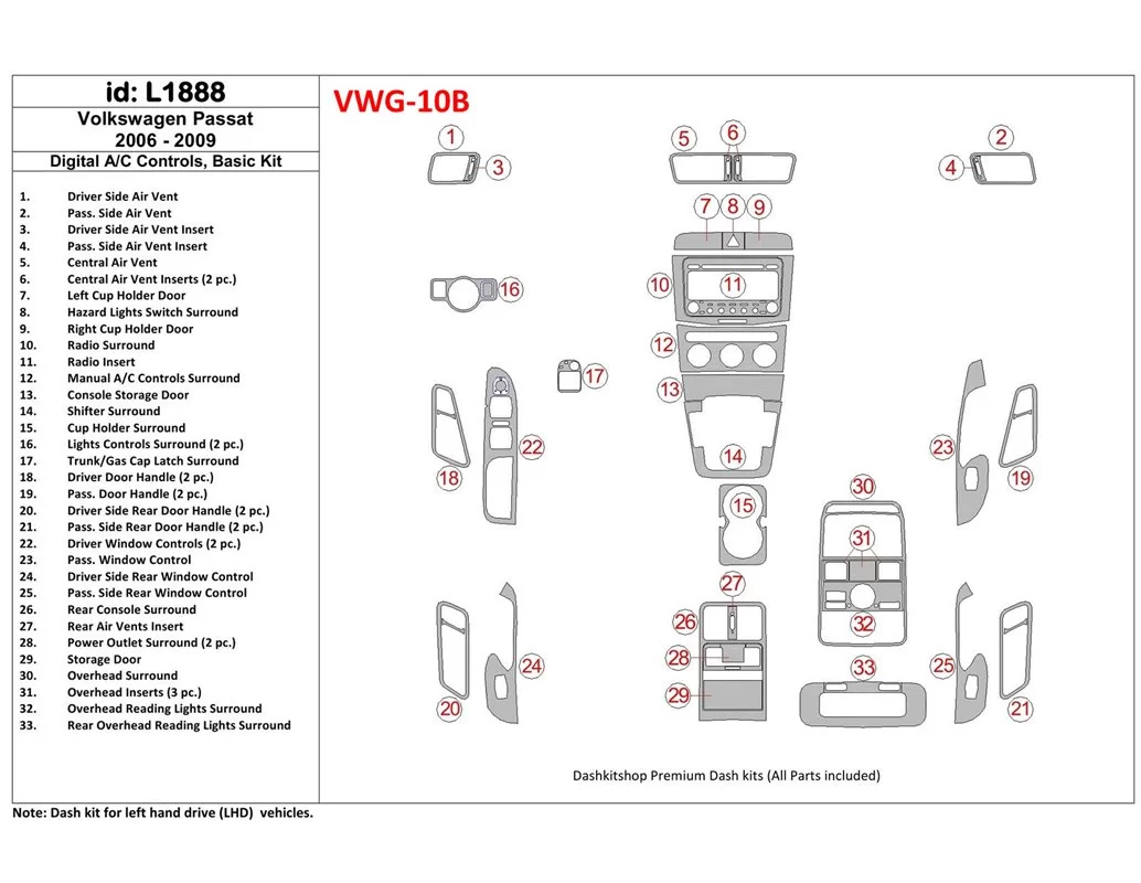 Volkswagen Passat 2006-2009 Manual Gearbox AC Controls, Basic Set Interior BD Dash Trim Kit - 1 - Interior Dash Trim Kit
