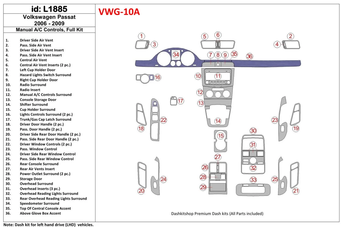 Volkswagen Passat 2006-2009 Manual Gearbox AC Controls, Full Set Interior BD Dash Trim Kit - 1 - Interior Dash Trim Kit