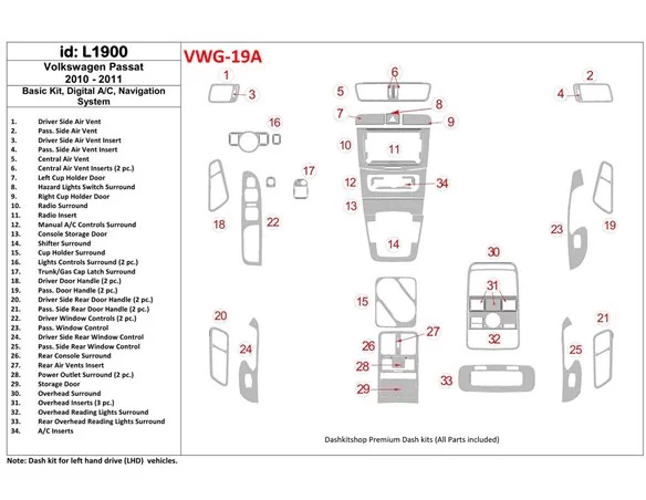 Volkswagen Passat 2010-UP Basic Set, Automatic A/C, Navigation system Interior BD Dash Trim Kit - 1 - Interior Dash Trim Kit
