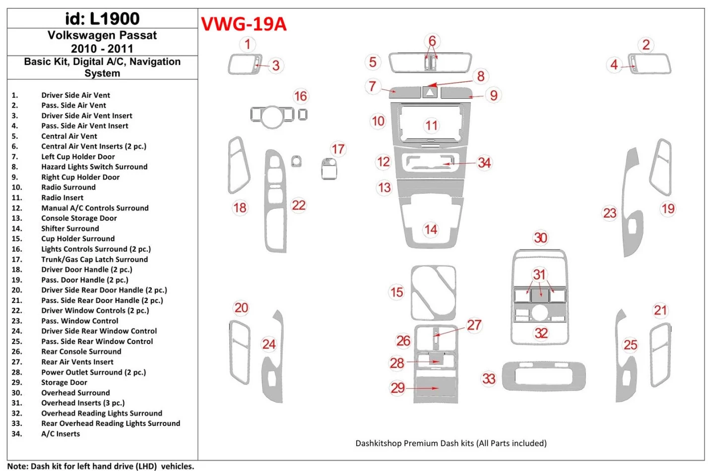Volkswagen Passat 2010-UP Basic Set, Automatic A/C, Navigation system Interior BD Dash Trim Kit - 1 - Interior Dash Trim Kit