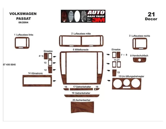 Volkswagen Passat B5.5 Typ 3BG 07.04-06.05 3D Interior Dashboard Trim Kit Dash Trim Dekor 21-Parts