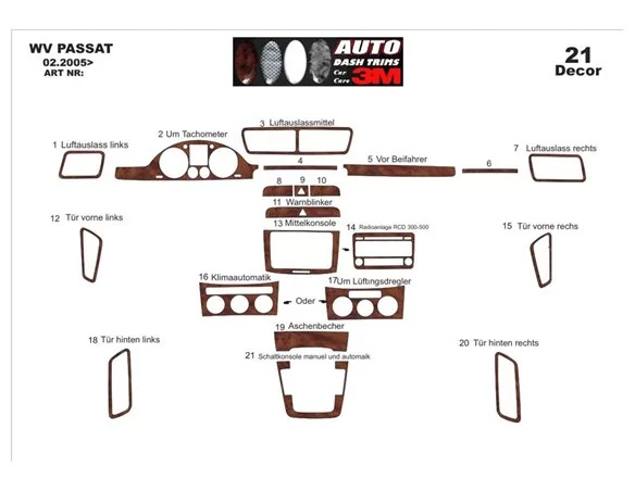 Volkswagen Passat B6 02.05 09.10 3D Interior Dashboard Trim Kit Dash Trim Dekor 18-Parts