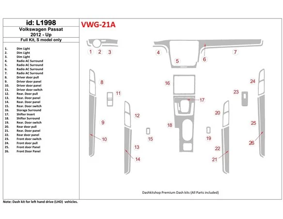 Volkswagen Passat B7 2012-UP S Model Interior BD Dash Trim Kit - 1 - Interior Dash Trim Kit