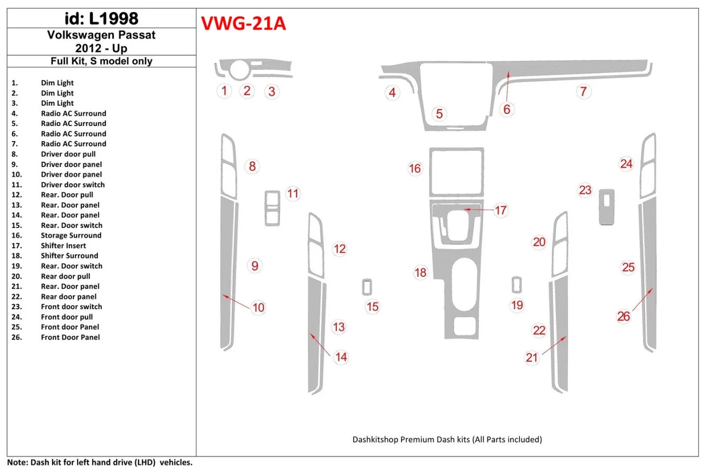 Volkswagen Passat B7 2012-UP S Model Interior BD Dash Trim Kit - 1 - Interior Dash Trim Kit