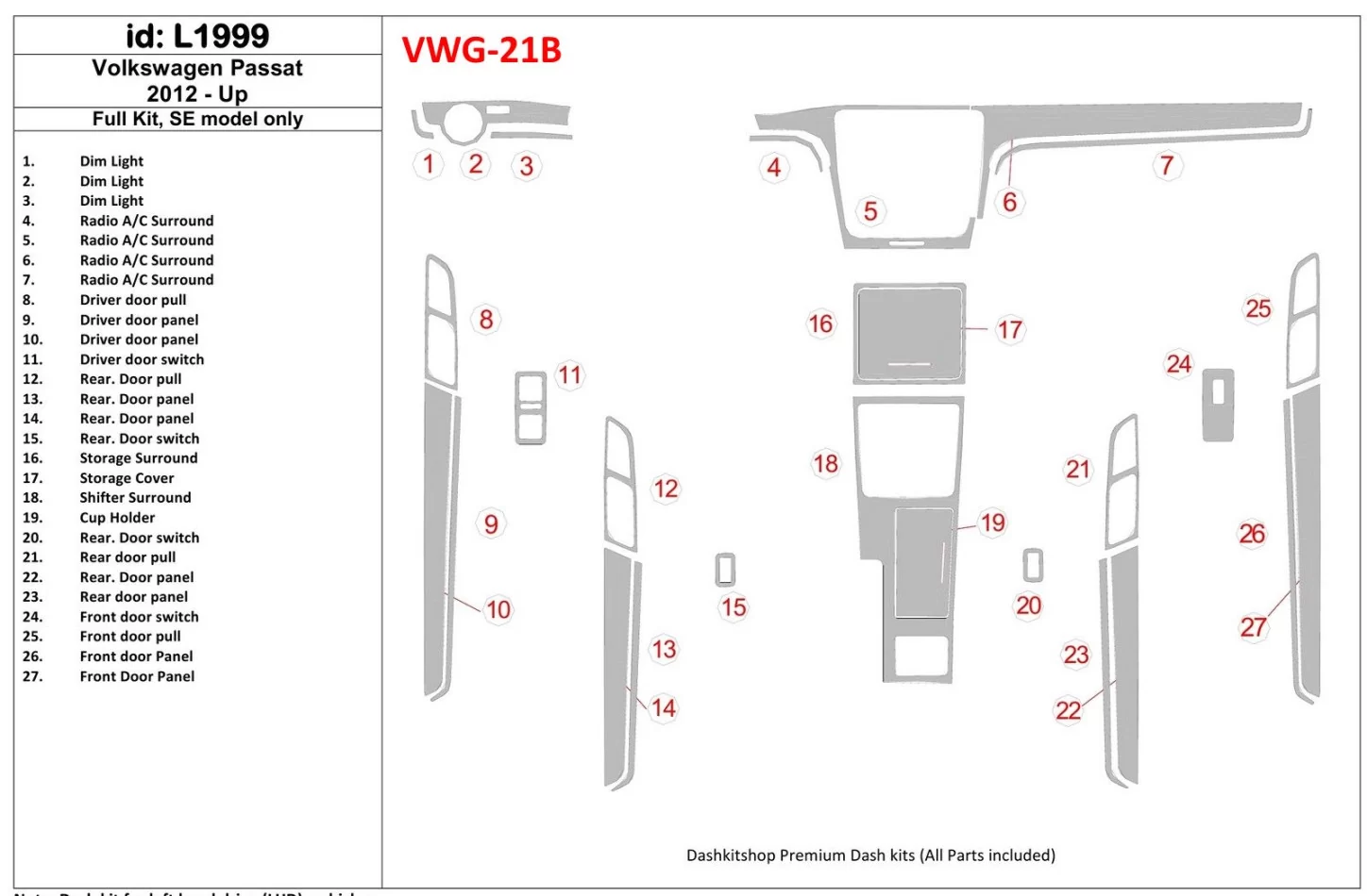Volkswagen Passat B7 2012-UP SE Model Interior BD Dash Trim Kit - 1 - Interior Dash Trim Kit